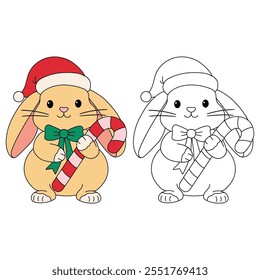 Cute Rabbit wearing santa hat and holding candy cane coloring pages for kids. Trace and color rabbit Christmas character. Holiday seasons worksheet printable for kids. Christmas worksheet.