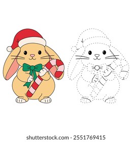 Cute Rabbit wearing santa hat and holding candy cane coloring pages for kids. Trace and color rabbit Christmas character. Holiday seasons worksheet printable for kids. Christmas worksheet.