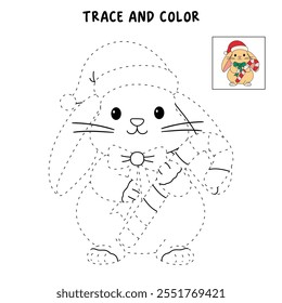 Cute Rabbit wearing santa hat and holding candy cane coloring pages for kids. Trace and color rabbit Christmas character. Holiday seasons worksheet printable for kids. Christmas worksheet.