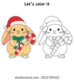 Cute Rabbit wearing santa hat and holding candy cane coloring pages for kids. Trace and color rabbit Christmas character. Holiday seasons worksheet printable for kids. Christmas worksheet.