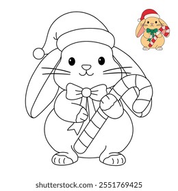 Cute Rabbit wearing santa hat and holding candy cane coloring pages for kids. Trace and color rabbit Christmas character. Holiday seasons worksheet printable for kids. Christmas worksheet.