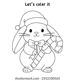 Süße Kaninchen tragen Weihnachtsmütze und halten Süßigkeiten Rohr Färbung Seiten für Kinder. Spur und Farbe Kaninchen Weihnachten Charakter. Arbeitsblatt für Feiertage druckbar für Kinder. Weihnachtsarbeitsblatt.
