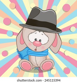 Cute Rabbit wearing a scarf and hat on a colored background 