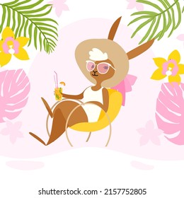 Cute rabbit wearing sunglasses sitting on beach chair with drink. Bunny character flat style illustration. The year of the rabbit, symbol of 2023