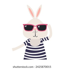 Cute rabbit wearing sunglasses and swimsuit cartoon character illustration. Hand drawn Scandinavian style flat design, isolated vector. Kids summer print element, animal on holidays, vacations, beach