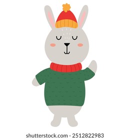 Coelho bonito vestindo roupas de inverno. Personagem florestal adorável isolado em fundo branco. Woodland animal em estilo de desenho animado para crianças. Ilustração vetorial