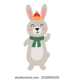 Lindo conejo con ropa de invierno. Adorable carácter del bosque aislado en el fondo blanco. Animal del bosque en estilo de dibujos animados para el diseño de los niños. Ilustración vectorial