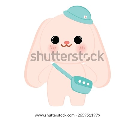  Cute rabbit  wears a tiny crossbody sling bag and a small round hat tilted to one side