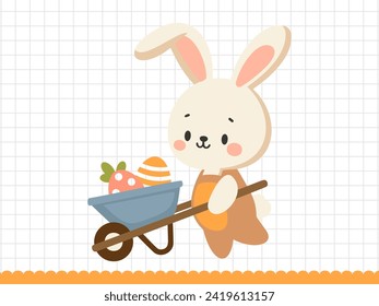 Cute rabbit with wheelbarrow. Little bunny in cartoon style. Vector illustration.