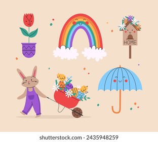 Cute rabbit with wheelbarrow and little chicks. Spring set of cute objects. Funny vector illustration. Easter eggs, flowers and leaves. Easter day concept. Illustration for greeting cards, posters