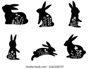 cute rabbit white flower,easter,hand drawn,doodle,character, black color.vector illustration
