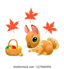Cute rabbit with a wicker basket full of apples isolated on white background. Vector illustration of cartoon brown hare. Mid Autumn Festival collection