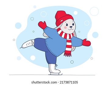 Cute rabbit in winter clothes skating on ice. Winter design.
