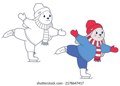 Cute rabbit in winter clothes skating on ice. Design element or page of  children's coloring book. Black-and-white and color contour illustration on a white background	
