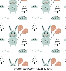 Cute rabbit in a winter forest seamless pattern. Doodle bunny Paper Baby Shower Scandinavian wallpaper background. Textile fabric design for kids