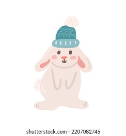 Cute rabbit in winter hat, vector flat illustration on white background.