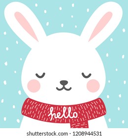 Cute Rabbit Winter Theme Card, Easter Or Christmas Bunny Face Background, Vector Illustration