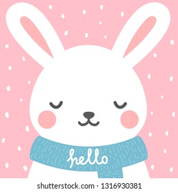 Cute rabbit winter theme card, easter or christmas bunny face background, vector illustration