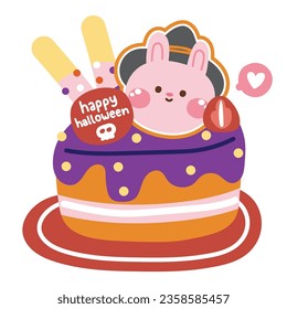 Cute rabbit witch face cookies on cake halloween concept.Bakery.Sweet and dessert cartoon deisgn.Pet animal.Bunny.Festival.Holiday.Horror.Kawaii.Vector.Illustration.