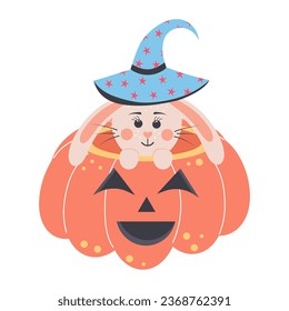 Cute rabbit in a witch hat sitting in a scary pumpkin. Halloween bunny girl and spooky pumpkin. Cartoon forest character.