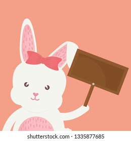cute rabbit with wooden label character