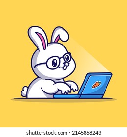 Cute Rabbit Working On Laptop Cartoon Vector Icon Illustration. Animal Technology Icon Concept Isolated Premium Vector. Flat Cartoon Style