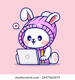 Cute Rabbit Working On Laptop Cartoon Vector Icon Illustration. Animal Technology Icon Concept Isolated Premium Vector. Flat Cartoon Style