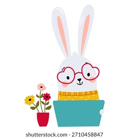 Un conejo lindo que trabaja en una computadora portátil. Ilustración vectorial en un estilo simple para niños sobre un fondo blanco. 