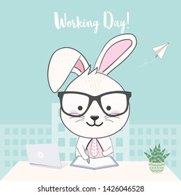 Cute rabbit working on the table and working day text animal cartoon illustration