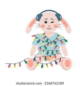 Cute rabbit wrapped in a christmas garland. Bunny boy sitting in a warm winter headphones. Cartoon forest character.