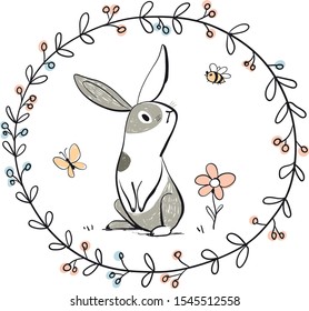 Cute rabbit in the wreath. Doodle style.