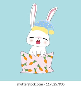 cute rabbit yawn cartoon on pastel blue  background. sweet dream sleeping bunny. vector illustration.