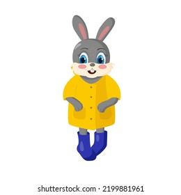A cute rabbit in a yellow jacket and rubber boots. Illustration concept of autumn plot. Symbol of the new year. Chinese calendar for 2023. Hare 2023 new year