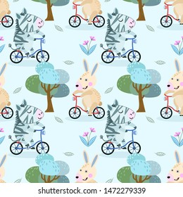 Cute rabbit and zebra on bicycle in the park seamless pattern.