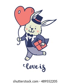 Cute rabbit/bunny. Hand drawn vector illustration. Gentleman bunny. For kid's or baby's shirt design, print design,card or poster, t-shirt.