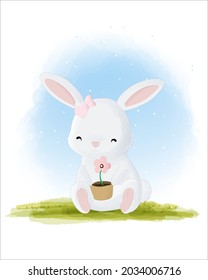Cute rabbit,little bunny cartoon illustration, watercolor animals Isolated on white background, for cover book, print, baby shower, nursery decorations, birthday invitations, poster, greeting card, fa