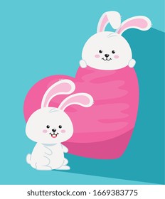 cute rabbits animals with heart vector illustration design