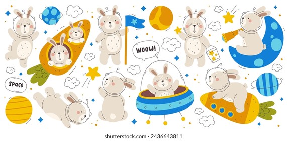 Cute rabbits astronauts, funny bunny cosmonaut characters wearing helmet, spacesuit flying on carrot rocket, discovering galaxy space and planets while sitting on crescent moon set vector illustration