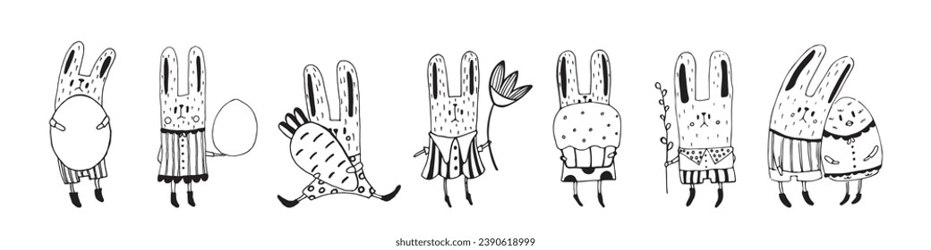 Cute rabbits with a basket with Easter eggs. Cute easter bunny isolated on white background. Traditional element. Happy easter. Vector illustration.