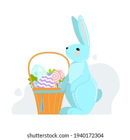 cute rabbits with a basket of eggs