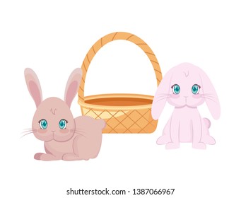 cute rabbits with basket wicker
