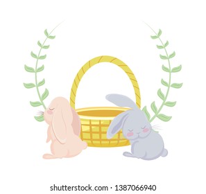 cute rabbits with basket wicker and crown of leaves