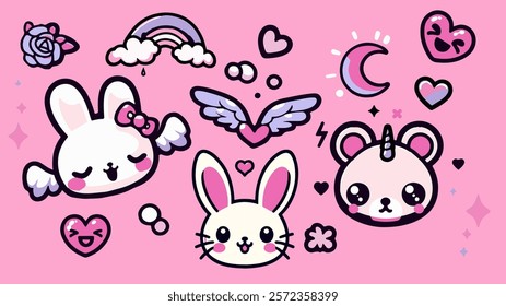 Cute rabbits and bear in anime kawaii style surrounded by stars and hearts on a pink background. Trendy vector illustration for a t-shirt print, stickers or patches.