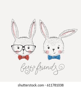 Cute rabbits. Best friends. Hand drawn illustration