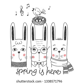 Cute rabbits with bird nest. Spring is Here slogan. Cartoon vector illustration