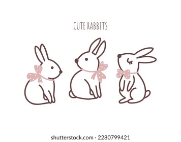 Cute rabbits with bow set isolated on white background. Line style bunny vector collection.