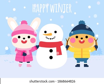 cute rabbits build snowman cartoon illustration