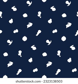 Cute rabbits, bunnies, hares seamless pattern on blue background. Hand drawn vector illustration. Flat style design. Mid Autumn Festival, Easter, Chinese zodiac, New Year print, packaging, paper