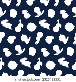 Cute rabbits, bunnies, hares seamless pattern on blue background. Hand drawn vector illustration. Flat style design. Mid Autumn Festival, Easter, Chinese zodiac, New Year print, packaging, paper