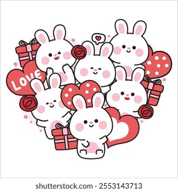 Cute rabbits bunny various poses stay in heart shape.Valentines day.Love.Rose,gift box,balloon.Rodent animal character cartoon design.Kawaii.Vector.Illustration.